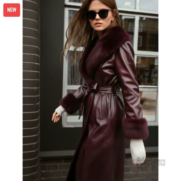 Leather Coat with Faux Fur Trim Belted Long Elegant Chic Outerwear - Picture 2 of 7